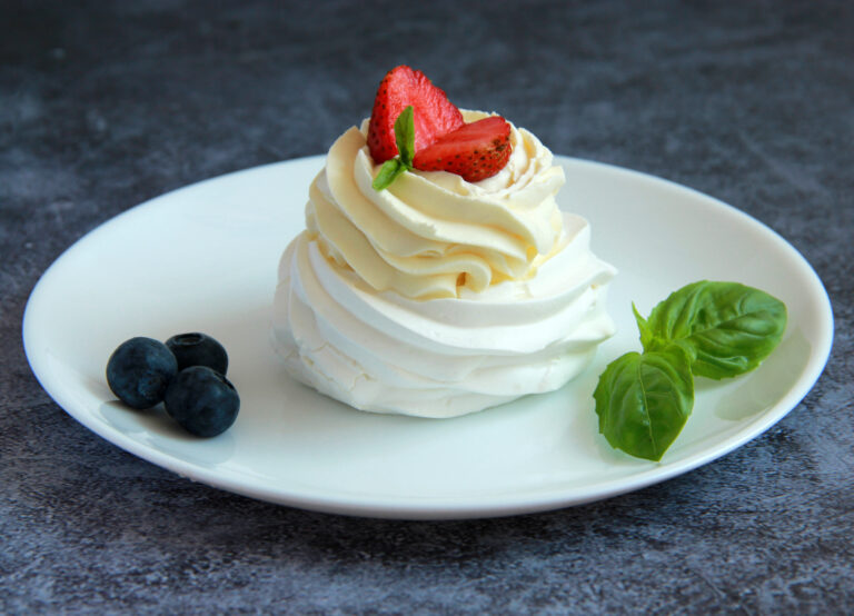 Homemade Pavlova Dessert Meringue With Whipped Cream Mint Fresh Berries Plate